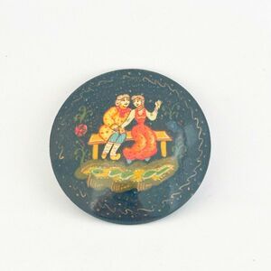 Vintage Russian Handpainted Black Lacquer Brooch Pin Signed